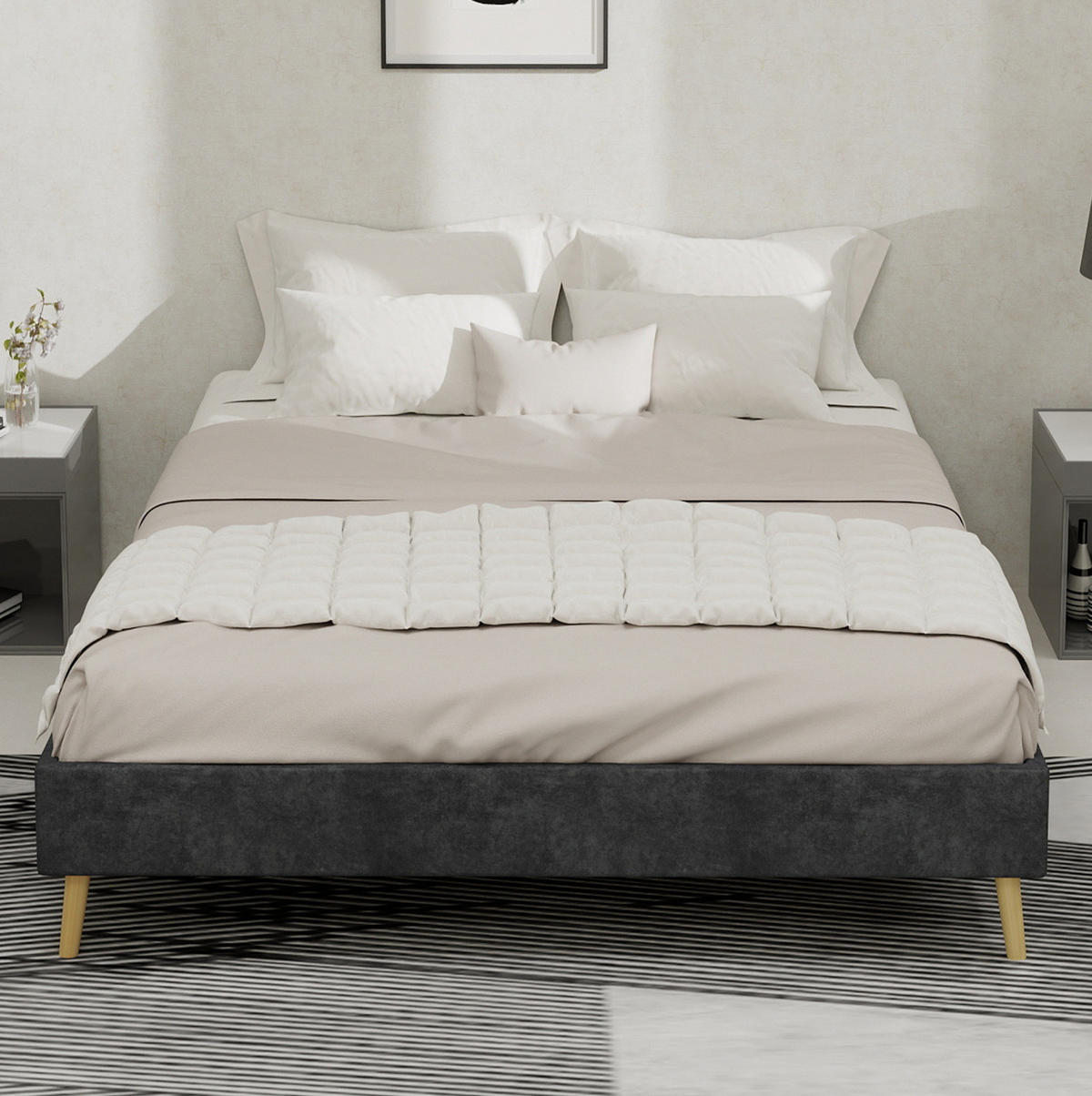BETTGESTELL 140/200 cm grau aus Samtstoff und Metall mit niedriger Form - Grau, Textil (140/200cm) - OKWISH