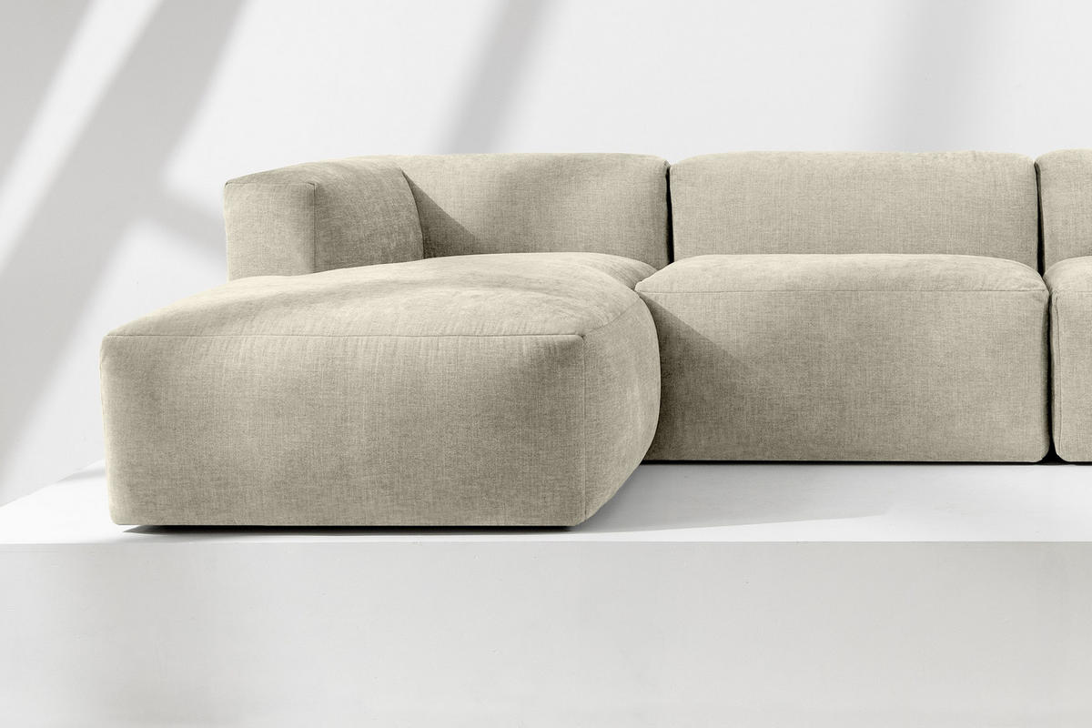 ECKMODULSOFA-LINKS BUFFO 6-Sitzer mit extrem weicher Sitzfläche, Gewebestoff, ecru - Ecru, Textil (377/180cm) - KONSIMO®