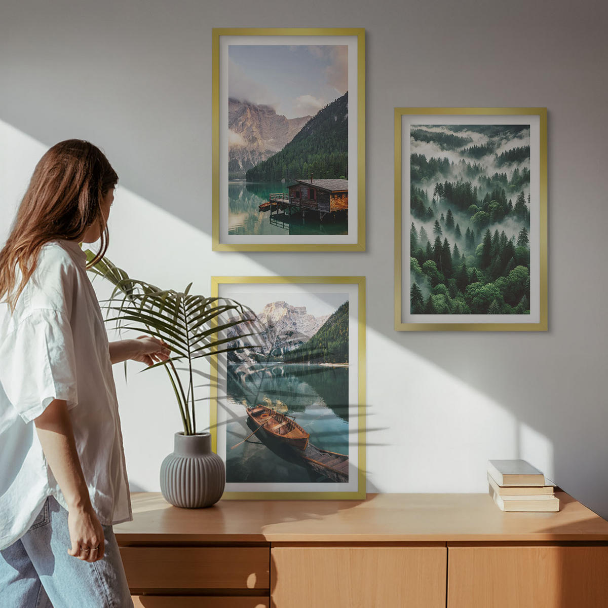 WANDBILDER 3er Set - 40x60 cm Goldrahmen - Bergsee, Boot, Waldnebel - Goldfarben, Kunststoff (40/60cm) - ArtPrintCave