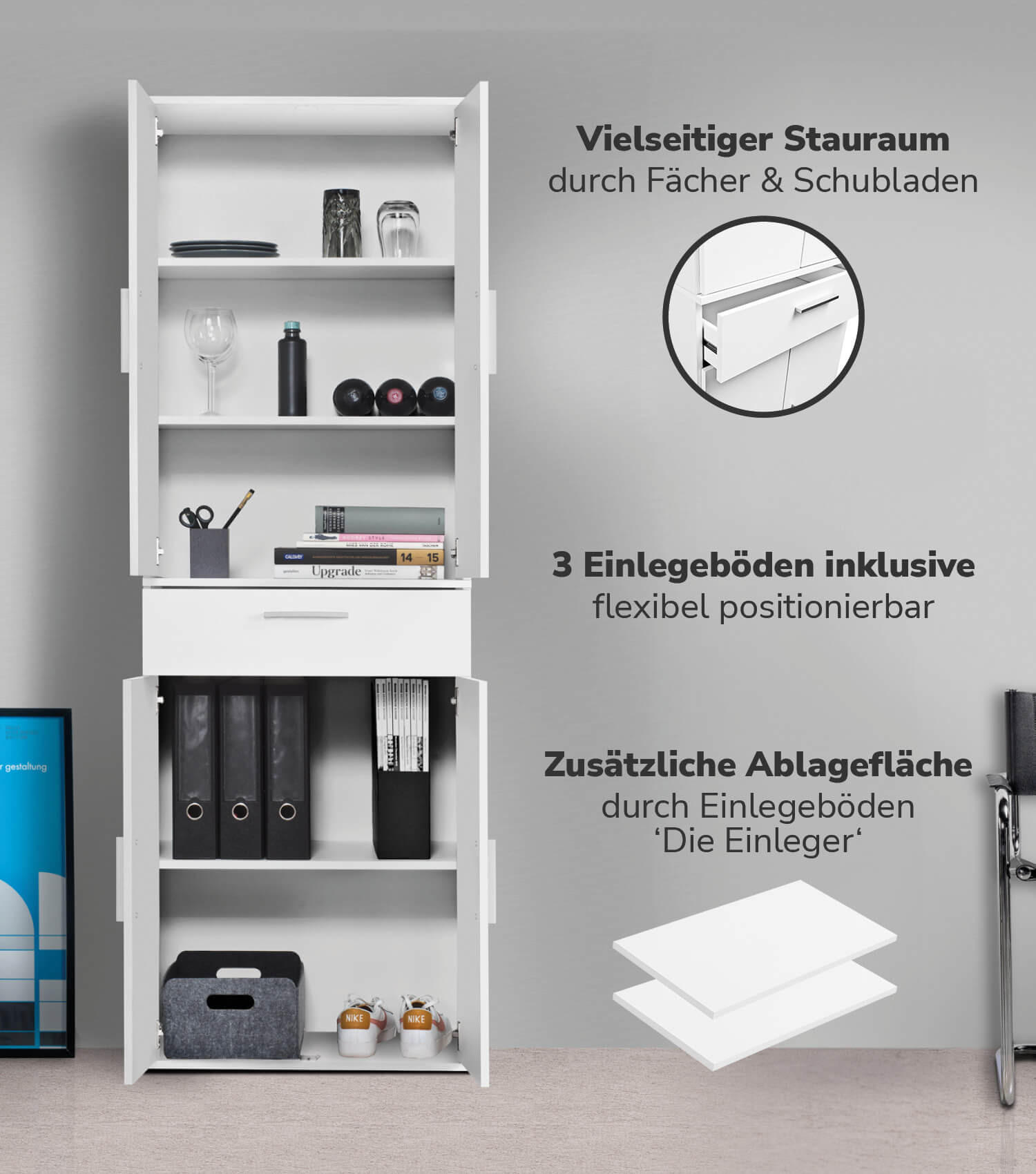 MEHRZWECKSCHRANK Der Praktische - Weiß, Holzwerkstoff (60/180/34cm) - Mokebo