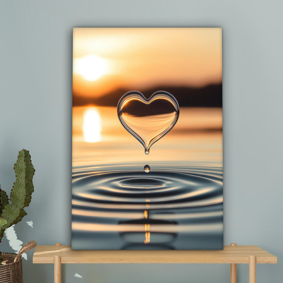 LEINWANDBILD - Herz - Wasser - Sonnenuntergang - Natur - Zen - 40x60 - Deko Schlafzimmer - Bernsteinfarben, Textil (40/60cm) - MuchoWow