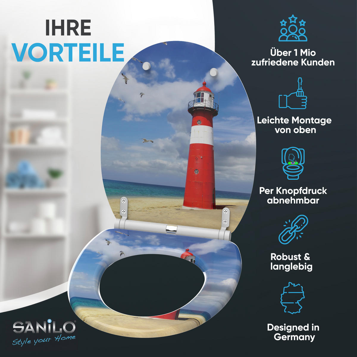 WC-SITZ mit Absenkautomatik & Top Fix Leuchtturm - Rot, Holzwerkstoff (37.7/5.5/48cm) - Sanilo