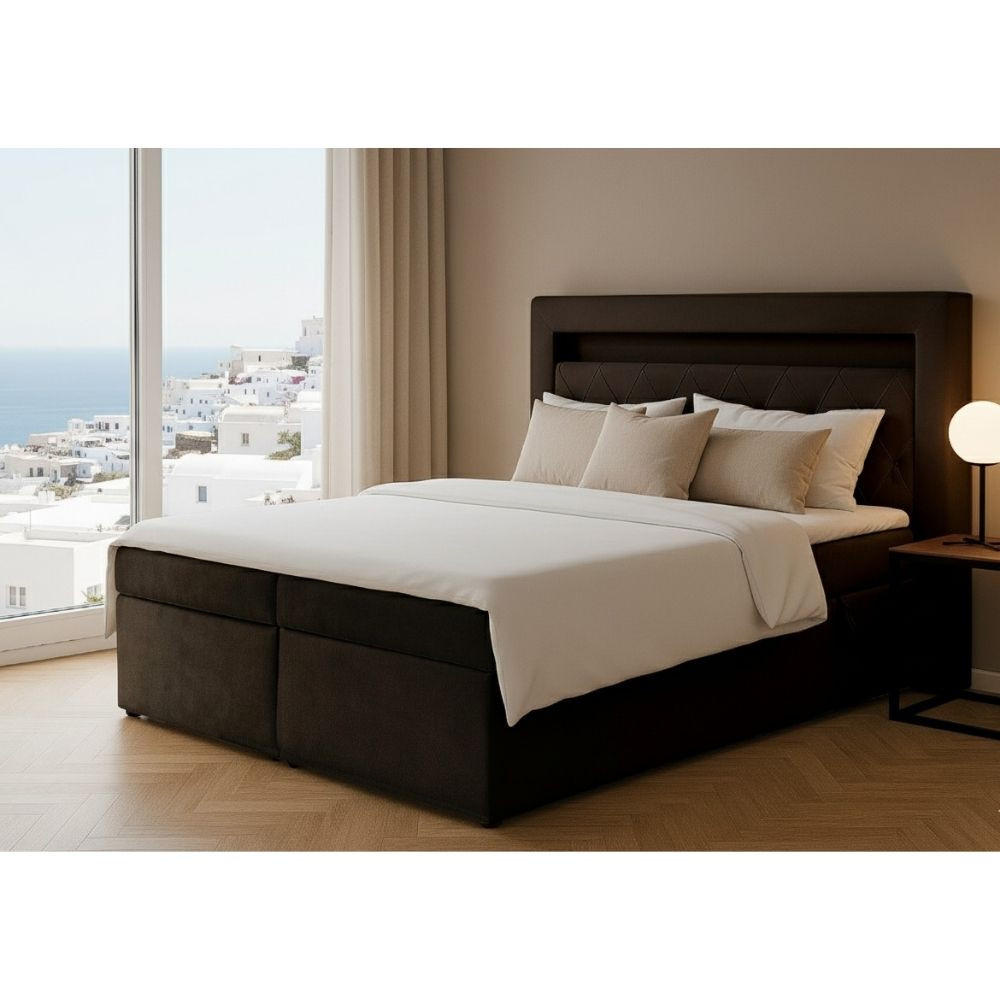 BOXBETT Lui Gold mit Bonnelmatratze, Topper, LED-Beleuchtung, 200x200, Braun - Braun, Holzwerkstoff/Kunststoff (200/200cm) - AN-Moebel 4u