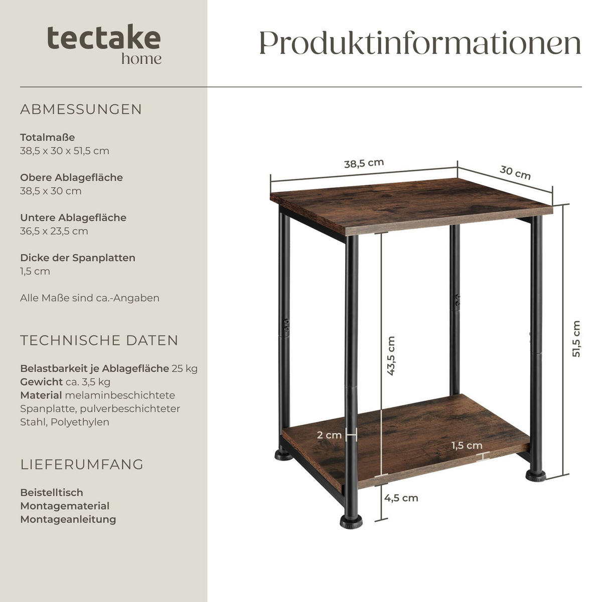 BEISTELLTISCH Yonkers, 38,5 x 30 x 51,5 cm, Industrial Holz dunkel, rustikal - Rostfarben, Holzwerkstoff (30/38.5/51.5cm) - tectake