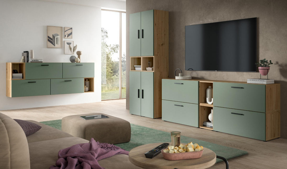 WOHNWAND grün, Eiche Artisan 256 x 178 cm, Schrankwand mit Soft-Close - Schwarz/Eiche Artisan, Holzwerkstoff/Kunststoff (256/151/34cm) - Inn.Furn
