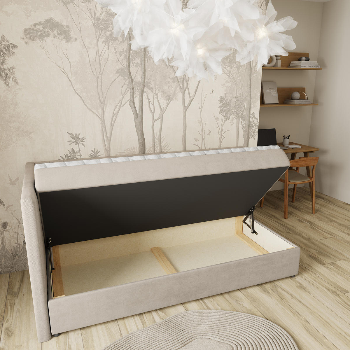 BOXBETT ARIS 90x200 cm mit Matratze und Topper, H2+H3 - Beige - Beige, Holz (90/200cm) - MASSENO