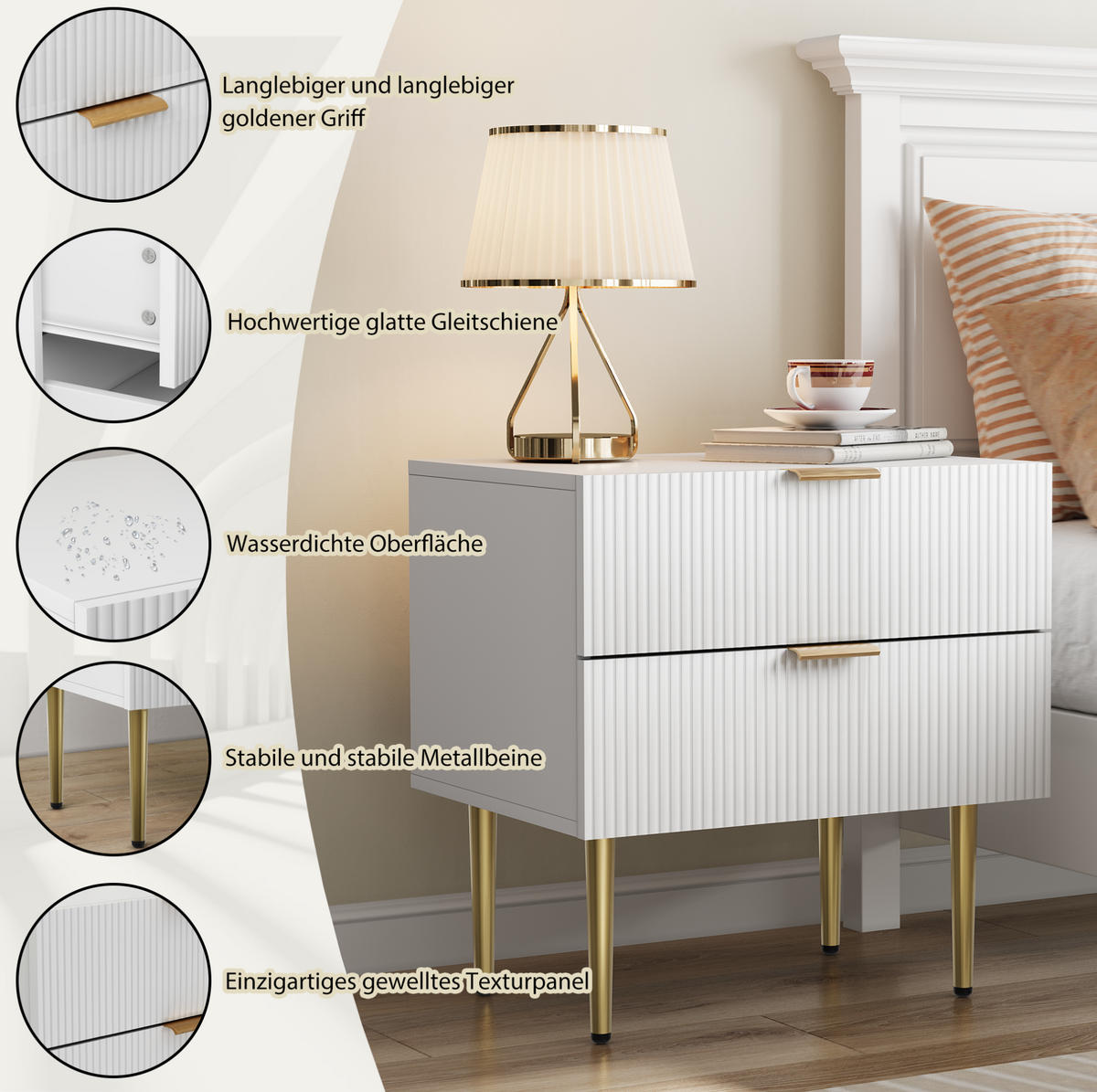 NACHTTISCH MDF/Spanplatte mit 2 Schubladen, Rillenfront & Metallgestell, 53/41,5/52,5 cm, Weiß - Weiß, Holzwerkstoff (41.5/52.5/53cm) - Redom