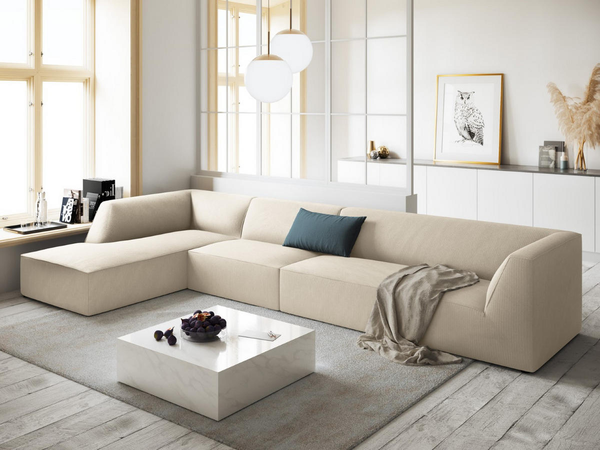 ECKSOFA links Ruby aus Cord leichtes beige 5 Sitzplätze - Creme, Textil (180/366cm) - Micadoni
