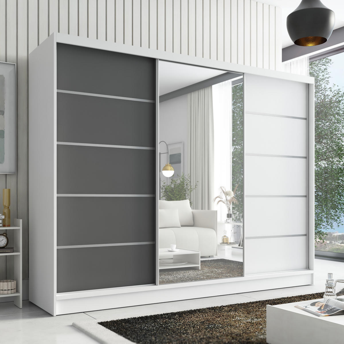 SCHWEBETÜRENSCHRANK 200 cm AURELIA 1 Farbe: Weiß, Graphit, Weiß - Graphitfarben/Weiß, Holzwerkstoff (200/215/60cm) - A&J MöbelLand