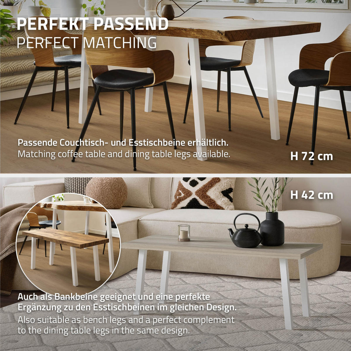 TISCHBEINE 4er Set I-96GRAD-Design H:30 cm Weiß 4x4 cm - Weiß, Metall (4/30/4cm) - ML-DESIGN