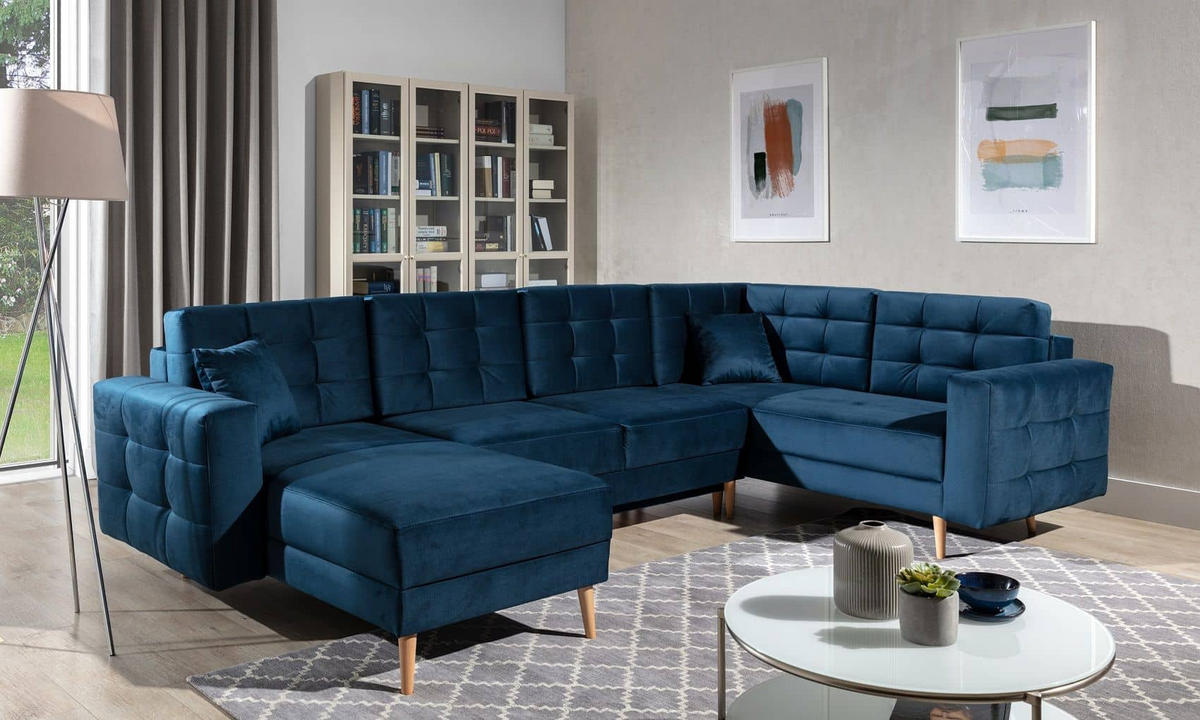 WOHNLANDSCHAFT mit Schlaffunktion, beidseitig montierbar - Blau/Pinienfarben, Holz/Textil (326/92/202cm) - Eltap