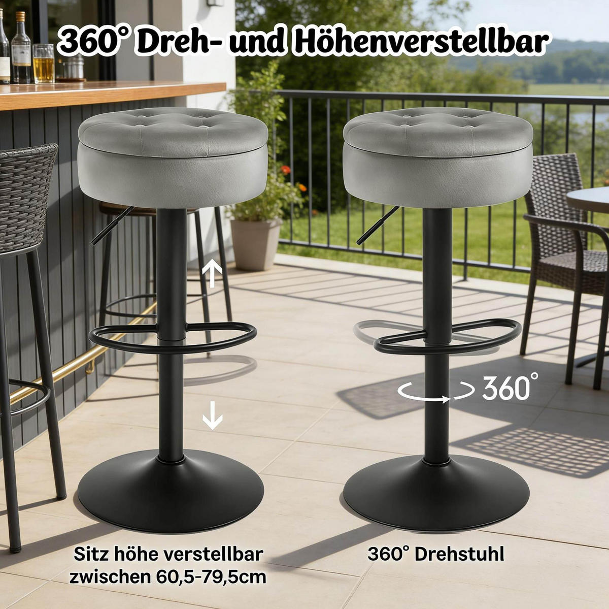 BARHOCKER mit Stauraum 39 x 39 x 79,5 cm Samt Hellgrau - Hellgrau, Metall (39/79.5/39cm) - Meubliv