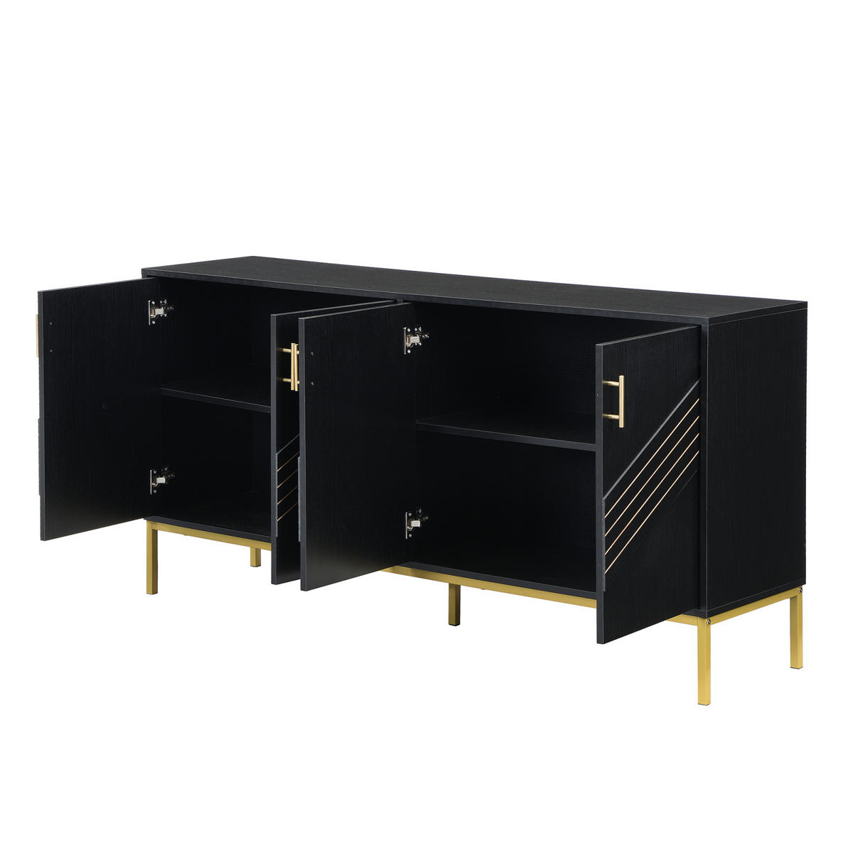 SIDEBOARD Schwarz-Gold, 4 Türen, MDF, Metallfüße - Schwarz, Holz (160/80/40cm)