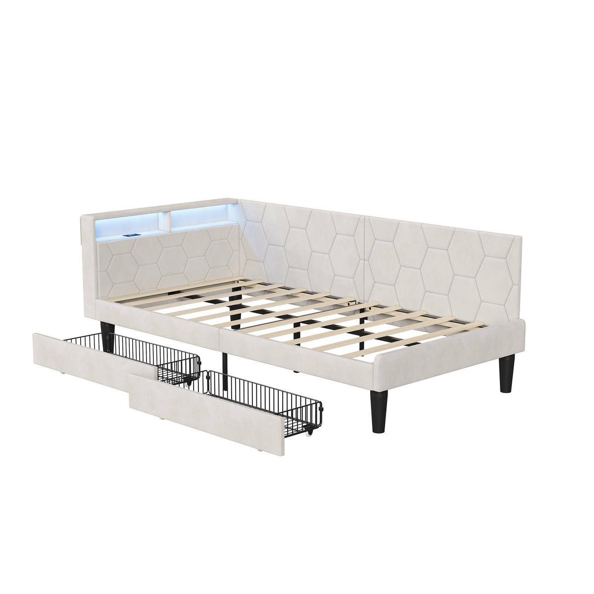 POLSTERBETT 90x200 cm Tagesbett mit 2 Schubladen, LED & USB, Einzelbett mit Kopfteil Stauraum, Beige - Beige, Metall (90/200cm) - EuroLiving