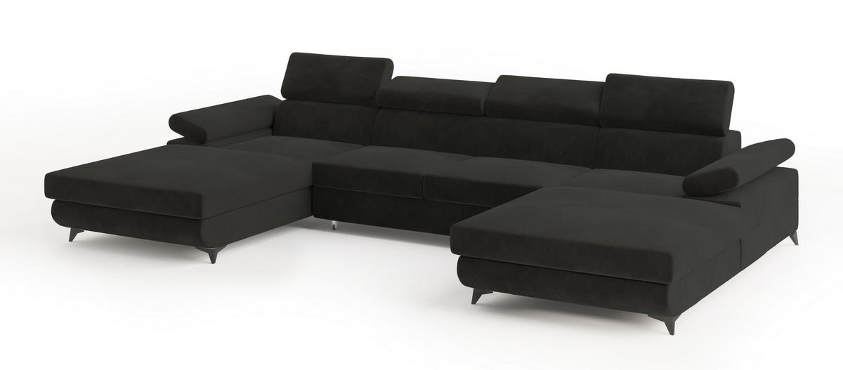 WOHNLANDSCHAFT DETTI Schwarz Velours-Stoff mit Schlaffunktion - Schwarz, Holz (339/89/190cm) - MASSENO