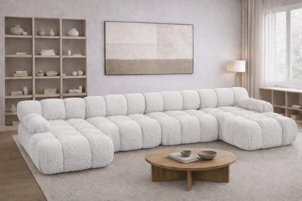 ECKSOFA U-Form XL, Stoff Bouclé Abriamo, Ecru, Selia U XL - Ecru, Holz (380/70/160cm) - Kaiser Möbel