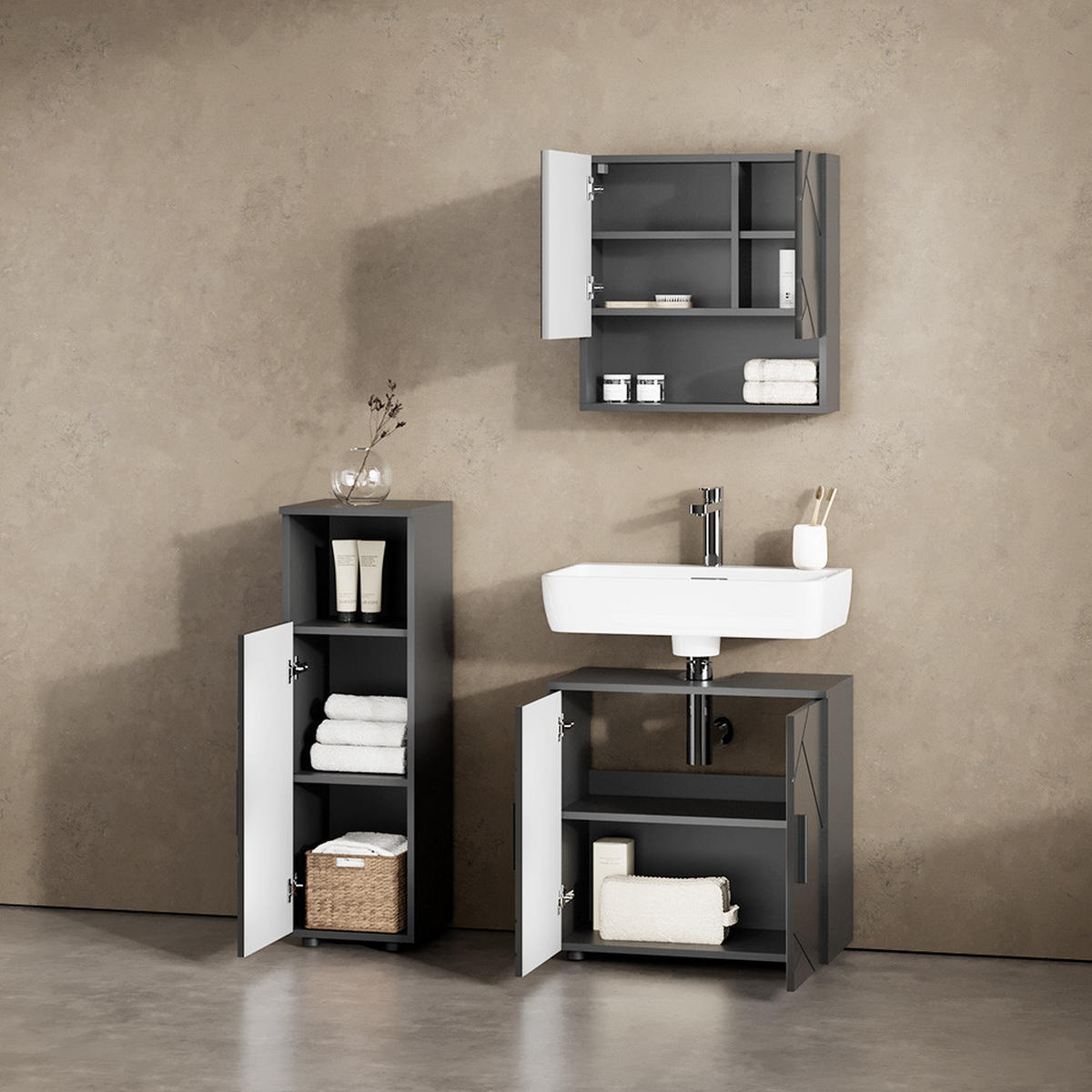 BADMÖBEL-SET Ronco Anthrazit Hochglanz 3 Teile - Schwarz Hochglanz/Anthrazit, Holzwerkstoff (60/95/30cm) - Livinity®