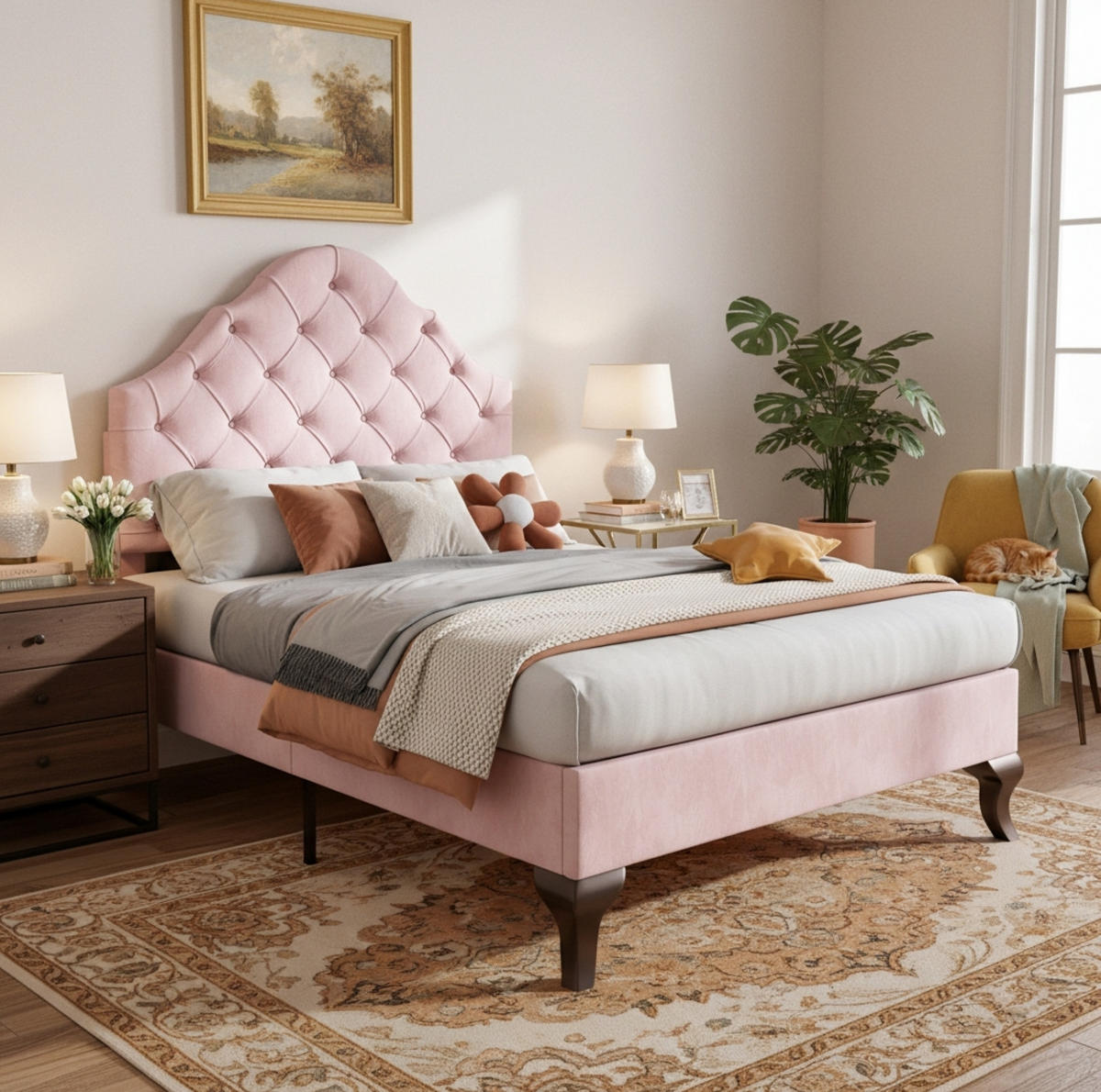 POLSTERBETT 90/200 cm mit Lattenrost und höhenverstellbarem Kopfteil aus Samt, klassische Knopfheftung, Rosa - Rosa, Textil (90/200cm) - Redom