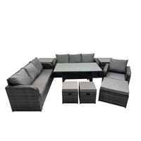 GARTENTISCHGRUPPE mit 2 Beistelltischen,3 Hocker Polyrattan Dunkelgrau 10-Sitzer - Dunkelgrau/Grau, Glas/Kunststoff - Fimous