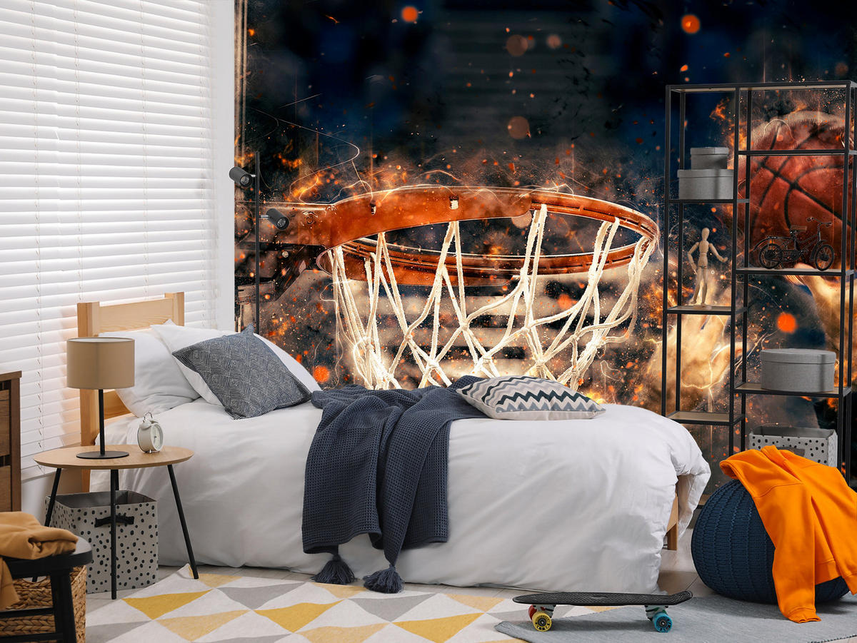 FOTOTAPETA Pre Študentskú Izbu Akvarel Basketbal Smeč Hráč Šport 150 x 105 cm - oranžová/hnedá, papier (150/105cm) - Muralo