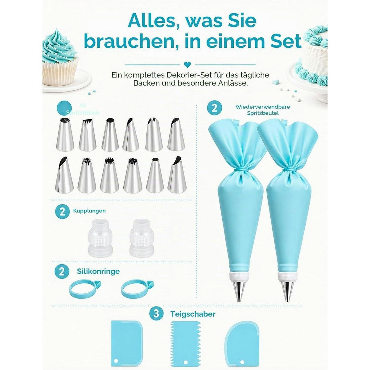 SPRITZBEUTEL-SET 21-teilig mit Edelstahl-Spritztüllen - Weiß, Kunststoff (17/31/31cm)