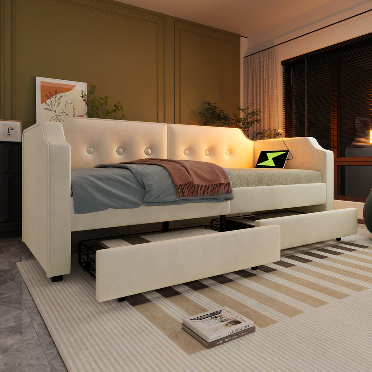 TAGESBETT 90x200cm Schlafsofa USB-C Leselicht 2 Schubladen Beige Samt - Beige, Holz (90/200cm) - FLIEKS