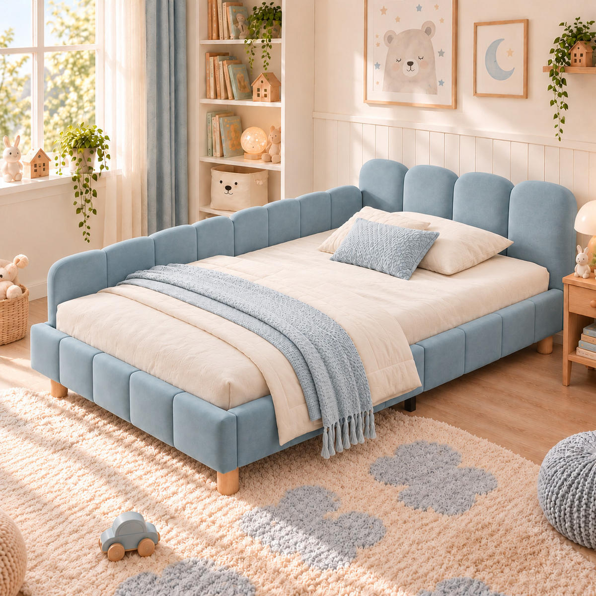 POLSTERBETT 90x200cm, Blau, Samt, Rausfallschutz - Blau, Textil (90/200cm) - FLIEKS