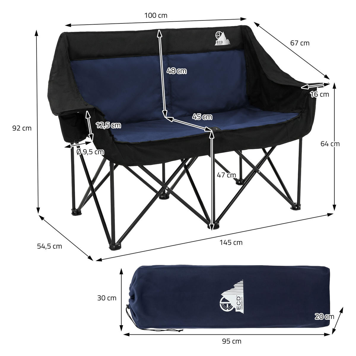 SKLÁDACÍ KEMPINGOVÁ ŽIDLE pro 2 osoby, modrá, s ocelovou konstrukcí, 54,5 x 145,92 cm - modrá, textil (145/92/54.5cm) - ECD-Germany