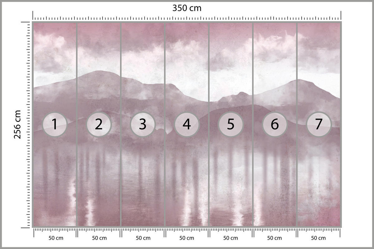 FOTOTAPETE für Wohnzimmer Neblige Berglandschaft Violet Bergpanorama Modern 350x256 - Violett/Rosa, Papier (350/256cm) - Muralo