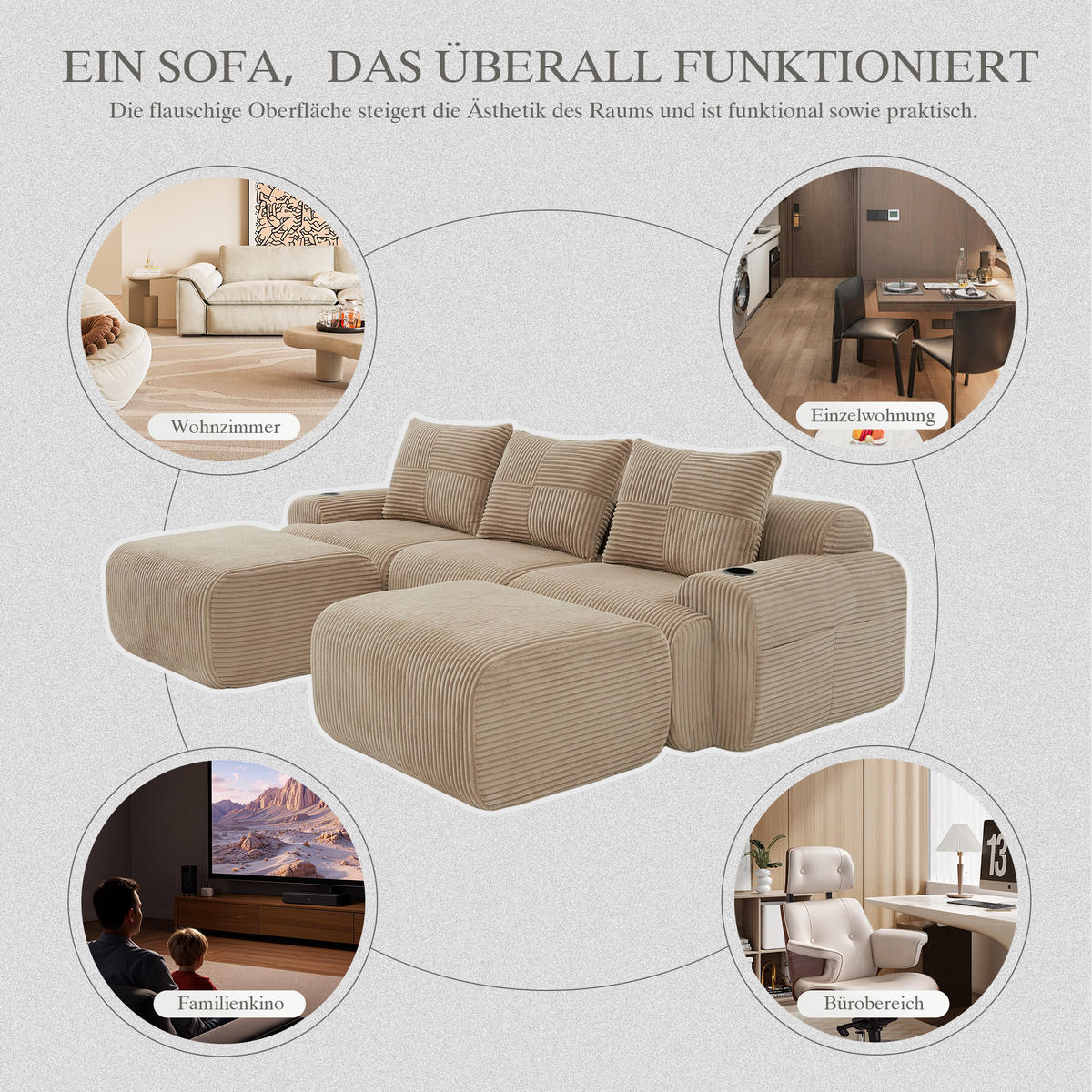 3-SITZER Wohnlandschaft Cord mit 2 Hockern Getränkehalter und Seitentasche 268/174/80 cm Sandfarben - Sandfarben, Textil (174/80/268cm) - Redom