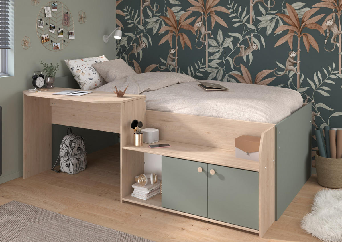 HOCHBETT Eiche, grün, Stauraum-Bett für Kinder- und Jugendzimmer - Salbeigrün/Eichefarben, Holzwerkstoff (90/200cm) - Parisot Meuble