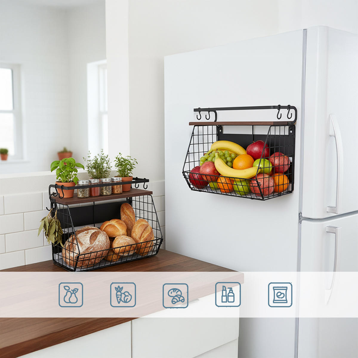 2XNÁSTENNÝ ovocný košík - čierna, kov/drevo (30cm) - Relaxdays