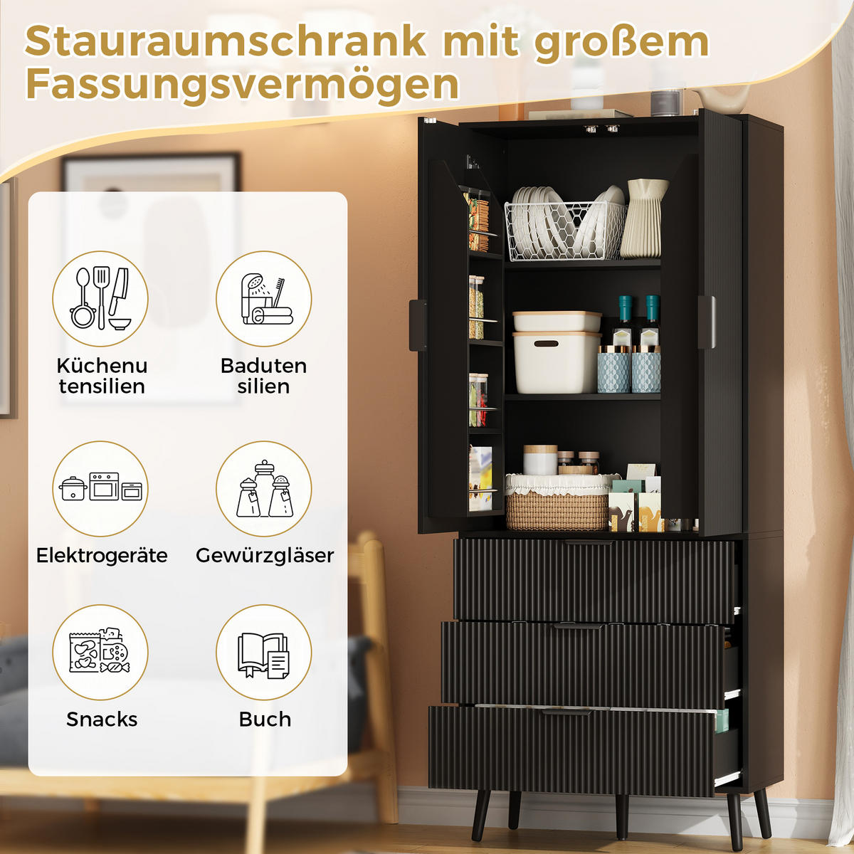 HIGHBOARD DE-38756 75/35/180 cm 2 Türen und 3 Schubladen Schwarz - Schwarz, Holzwerkstoff (75/180/35cm) - ComfortXL