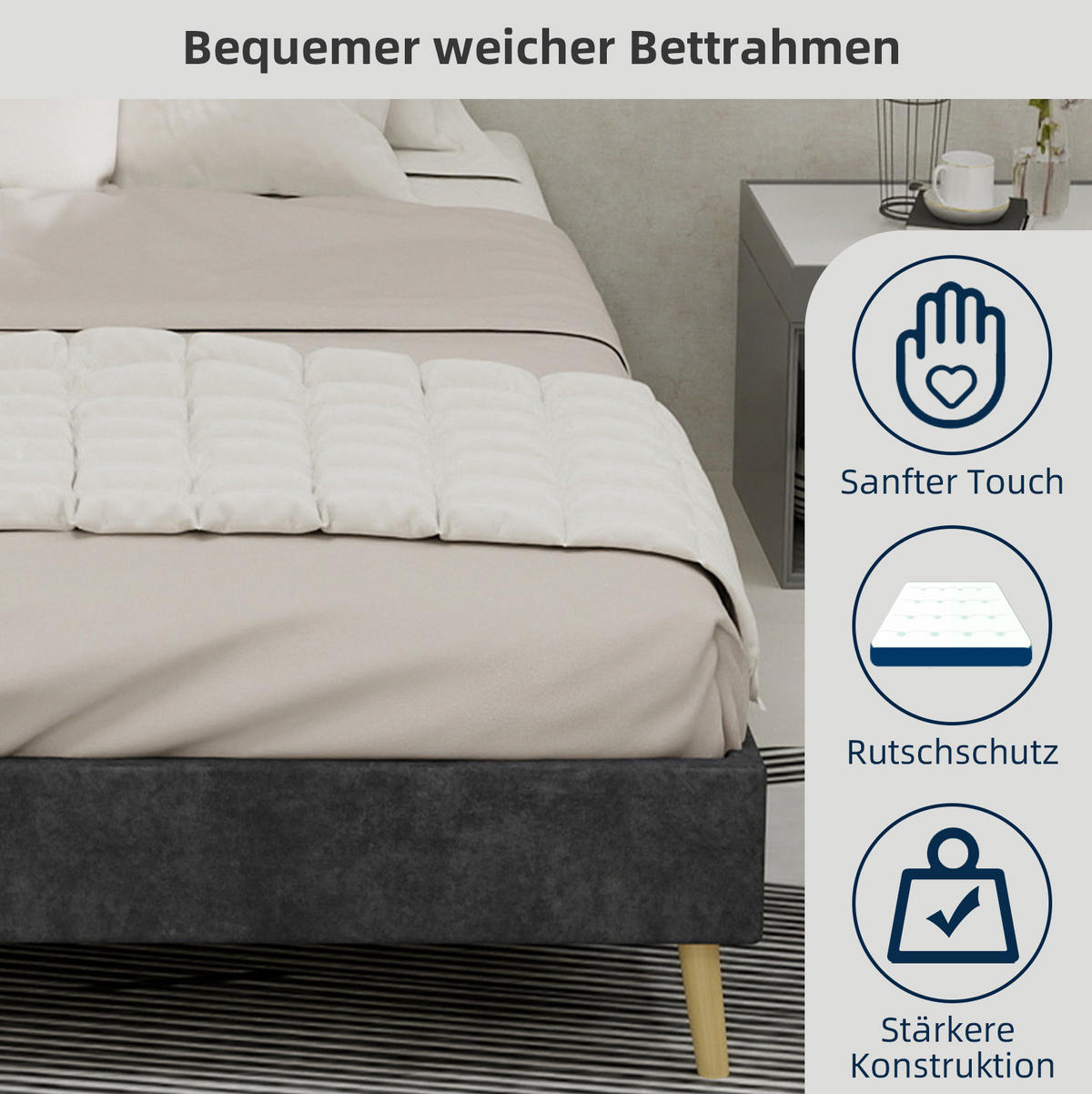 BETTGESTELL 140/200 cm grau aus Samtstoff und Metall mit niedriger Form - Grau, Textil (140/200cm) - OKWISH