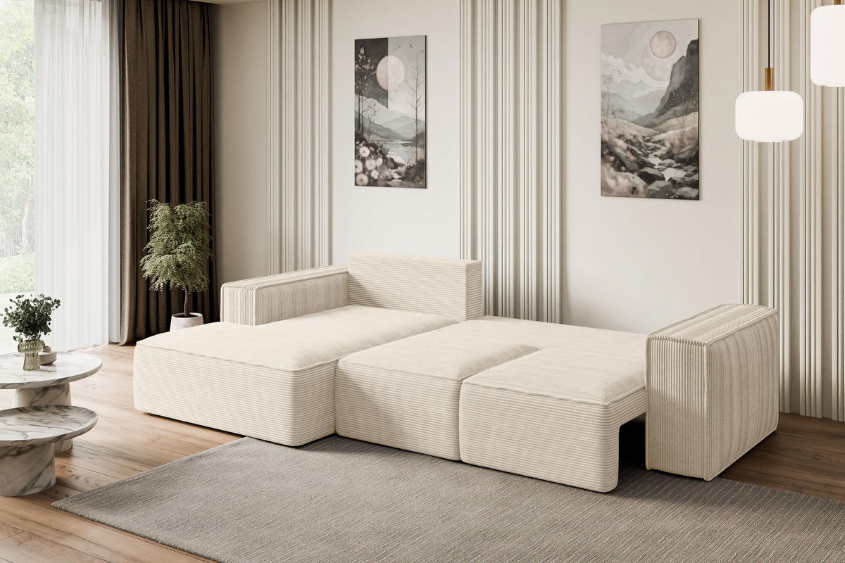 ECKSOFA mit Schlaffunktion und Bettkasten SERRA-L-S - 266x161x87 cm Beige Cord - Beige/Schwarz, Holzwerkstoff/Kunststoff (266/161cm) - ALTDECOR