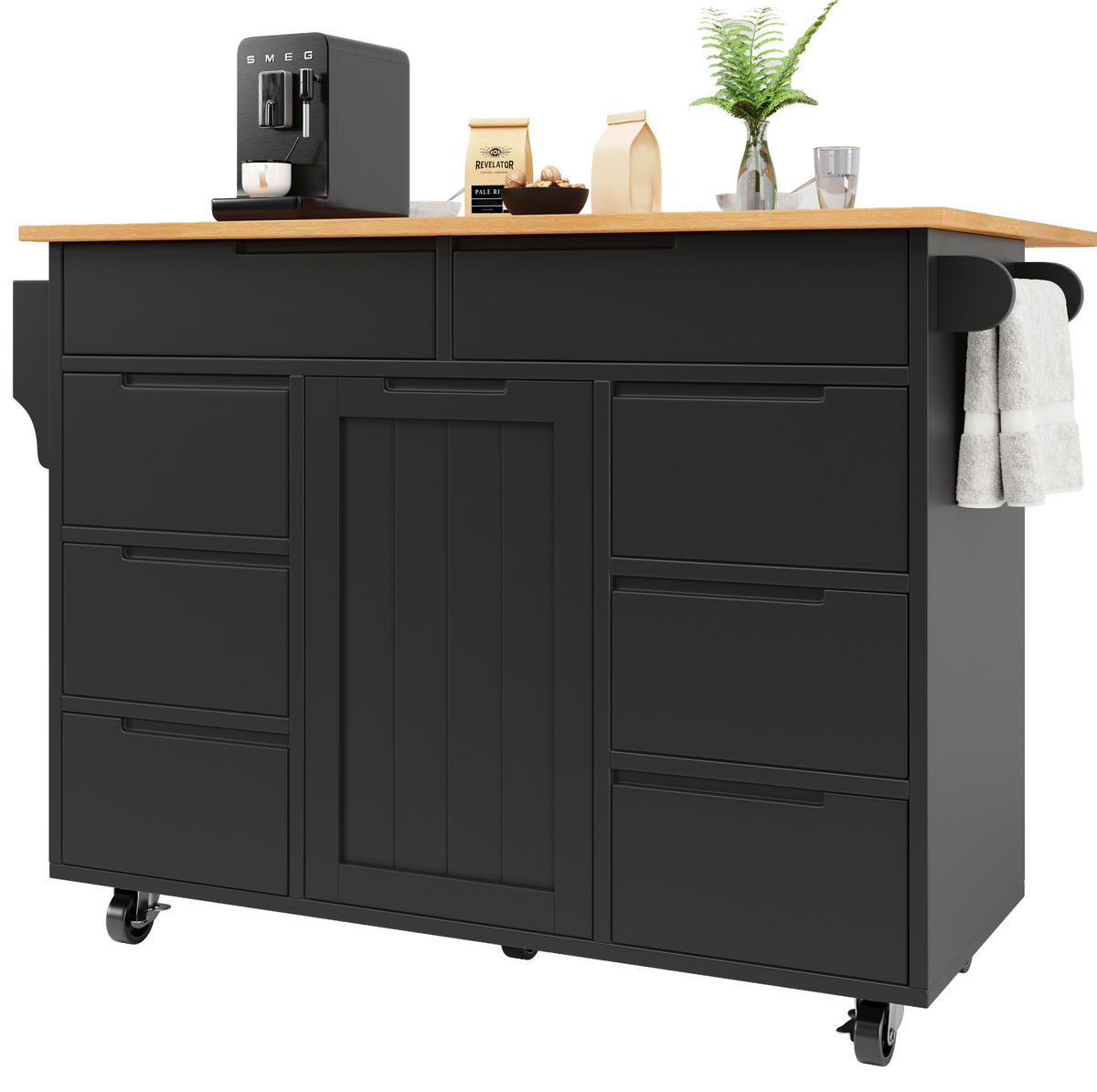 KÜCHENINSEL 122/46/91,5 cm schwarz mit klappbarer Tischplatte - Schwarz, Holzwerkstoff (122/91.5/74.5cm) - OKWISH
