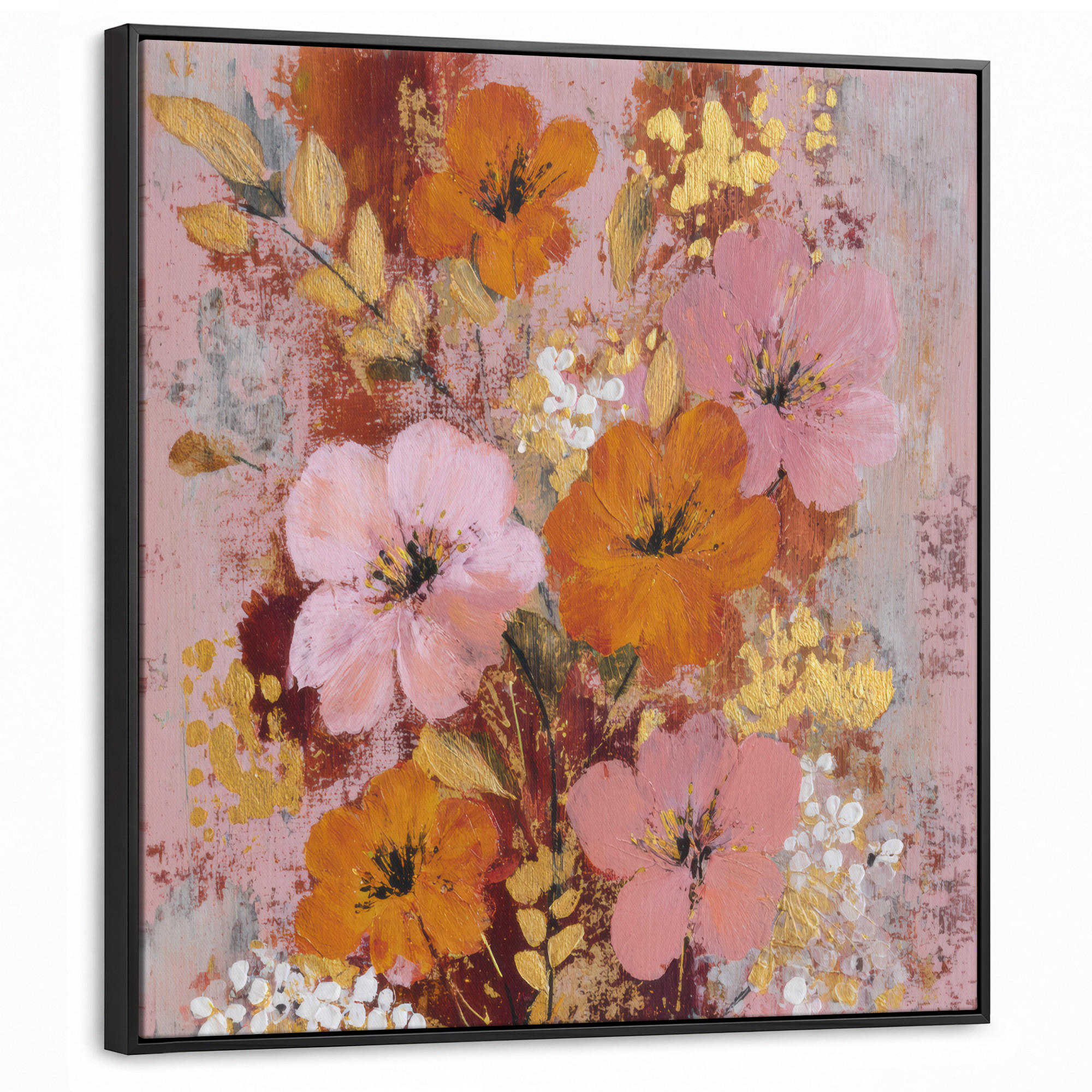 LEINWAND Bilder mit Rahmen - Malerei - Blumen - Rustikal - Rosa - 90x90 - Altrosa, Textil (90/90cm) - MuchoWow