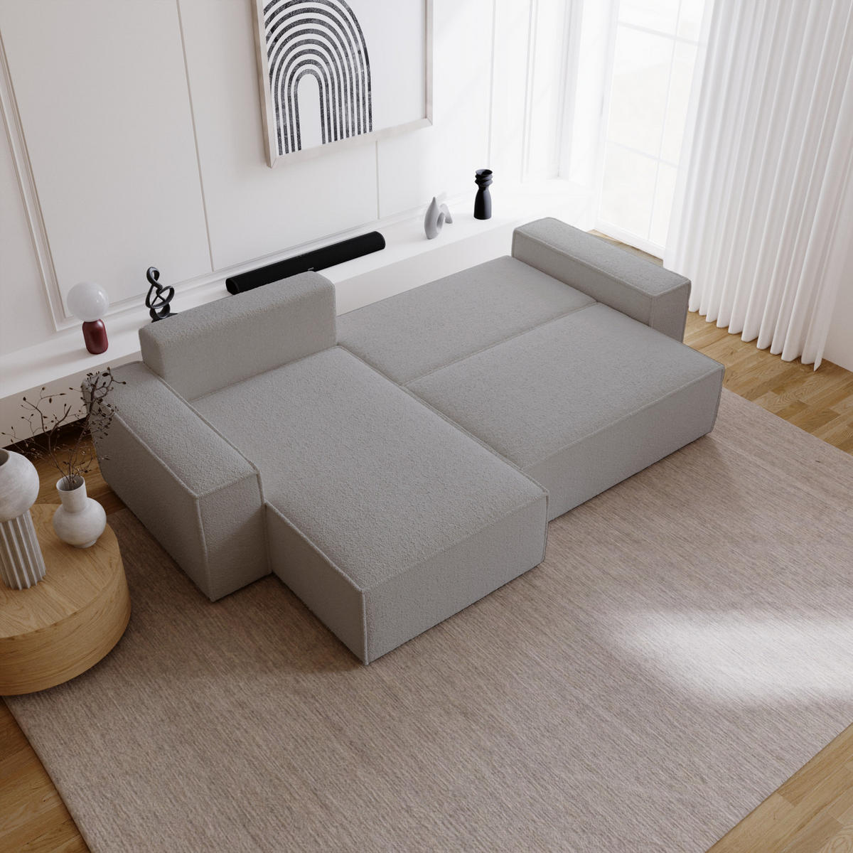 ECKSOFA Bouclé 280 cm Bergamo L mit Bettkasten, Schlaffunktion, Links - Hellgrau - Hellgrau, Holz (277/189cm) - Emporius