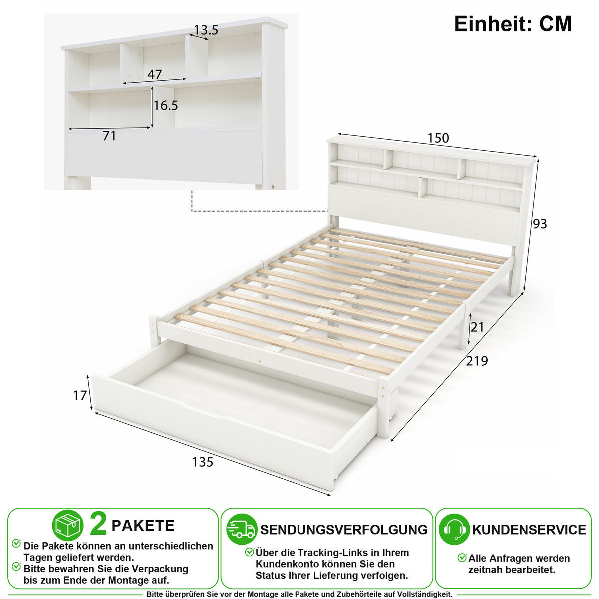 BETT 140/200 cm in Weiß mit 2 Schubladen und Regal Kiefer-Massivholz - Weiß, Holz/Holzwerkstoff (140/200cm) - CHICFURN