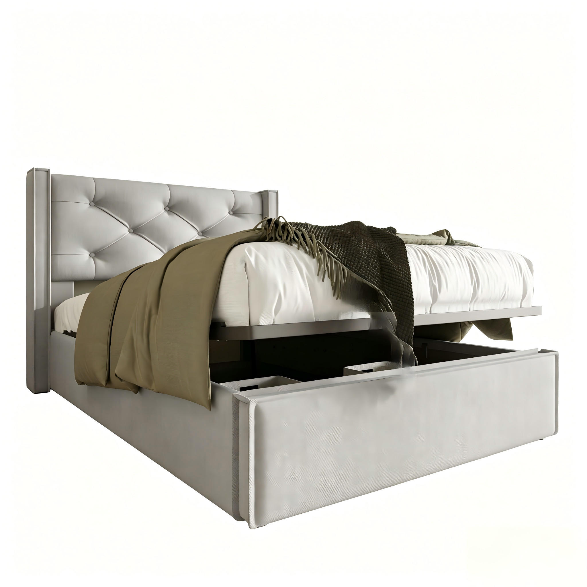 POLSTERBETT 90/200 cm Hellgrau aus Baumwolle mit Matratze mit Stauraum und Lattenrost - Hellgrau, Textil (90/200cm) - OKWISH