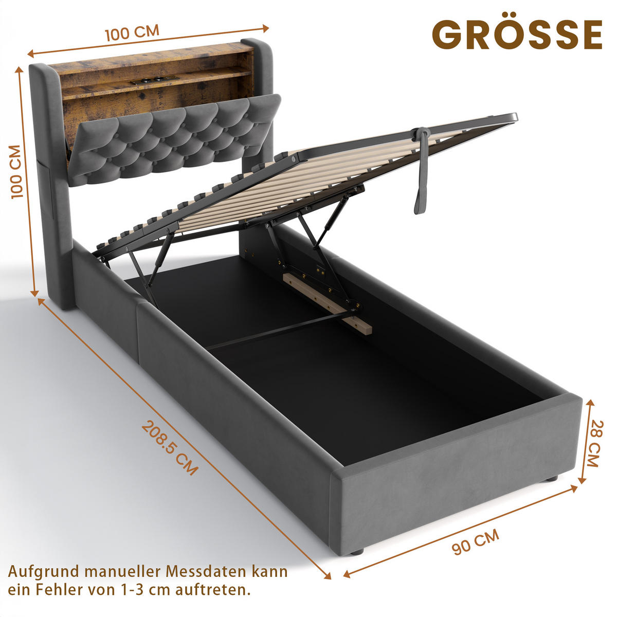 POLSTERBETT 90/190 cm in Grau, mit Bettkasten, LED und USB, ohne Matratze - Grau, Holzwerkstoff/Textil (90/190cm) - WISHDOR