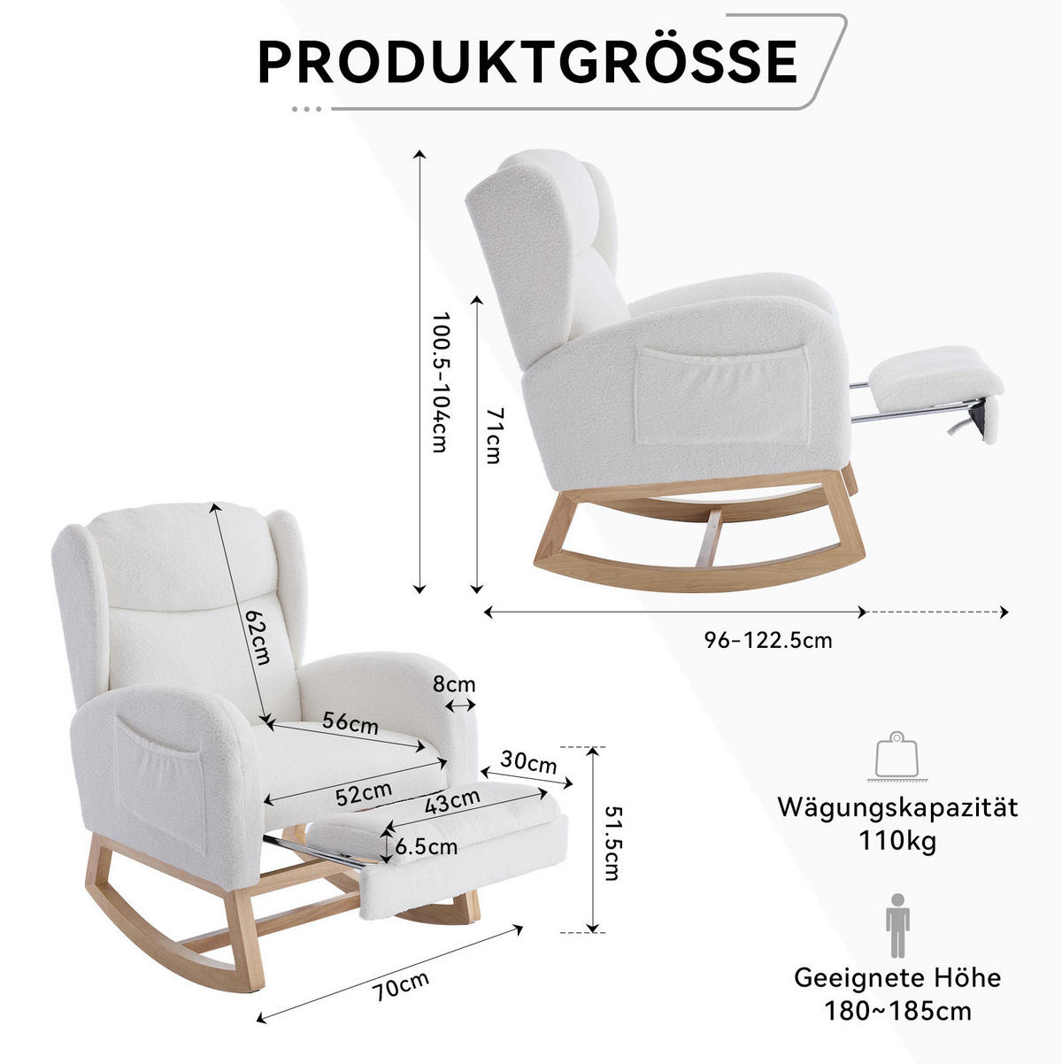 SCHAUKELSTUHL Teddy-Stoff mit ausziehbarer Fußstütze und Tasche 122.5/70/104 cm Weiß - Weiß, Textil (70/104/122.5cm) - Redom