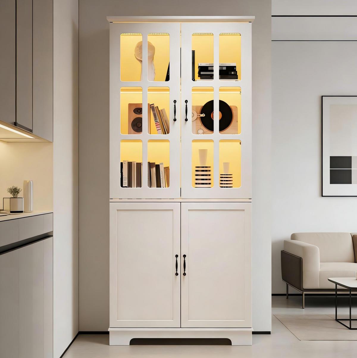VITRINENSCHRANK 80 x 38 x 180 cm Weiß mit 4 Türen Landhausstil - Weiß, Holzwerkstoff (38/180/80cm) - Beauniv