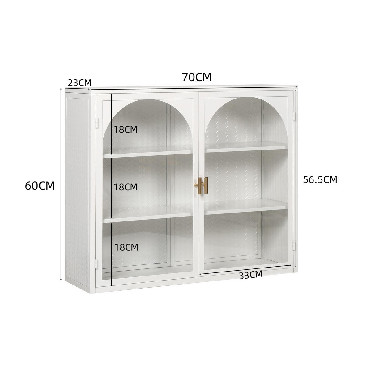 KÜCHENOBERSCHRANK 70x23x60 cm Weiß aus Metall & Sicherheitsglas mit gewebtem Design & 3 Ablagen - Weiß, Glas (70/60/23cm) - Modfu