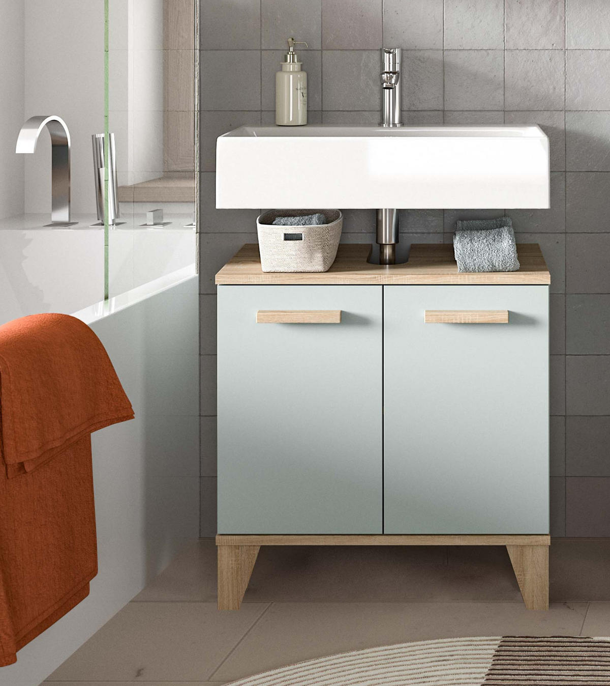 WASCHBECKENUNTERSCHRANK grün, Eiche, Badezimmer Unterschrank skandinavisch 60 cm - Eichefarben/Grün, Holzwerkstoff (60/61/34cm) - Inn.Furn