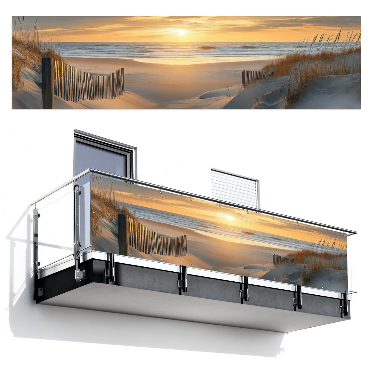 BALKON-SICHTSCHUTZ Strand - Dünen - Sonnenuntergang 300x85 cm - Sandfarben, Kunststoff (300/85cm) - MuchoWow