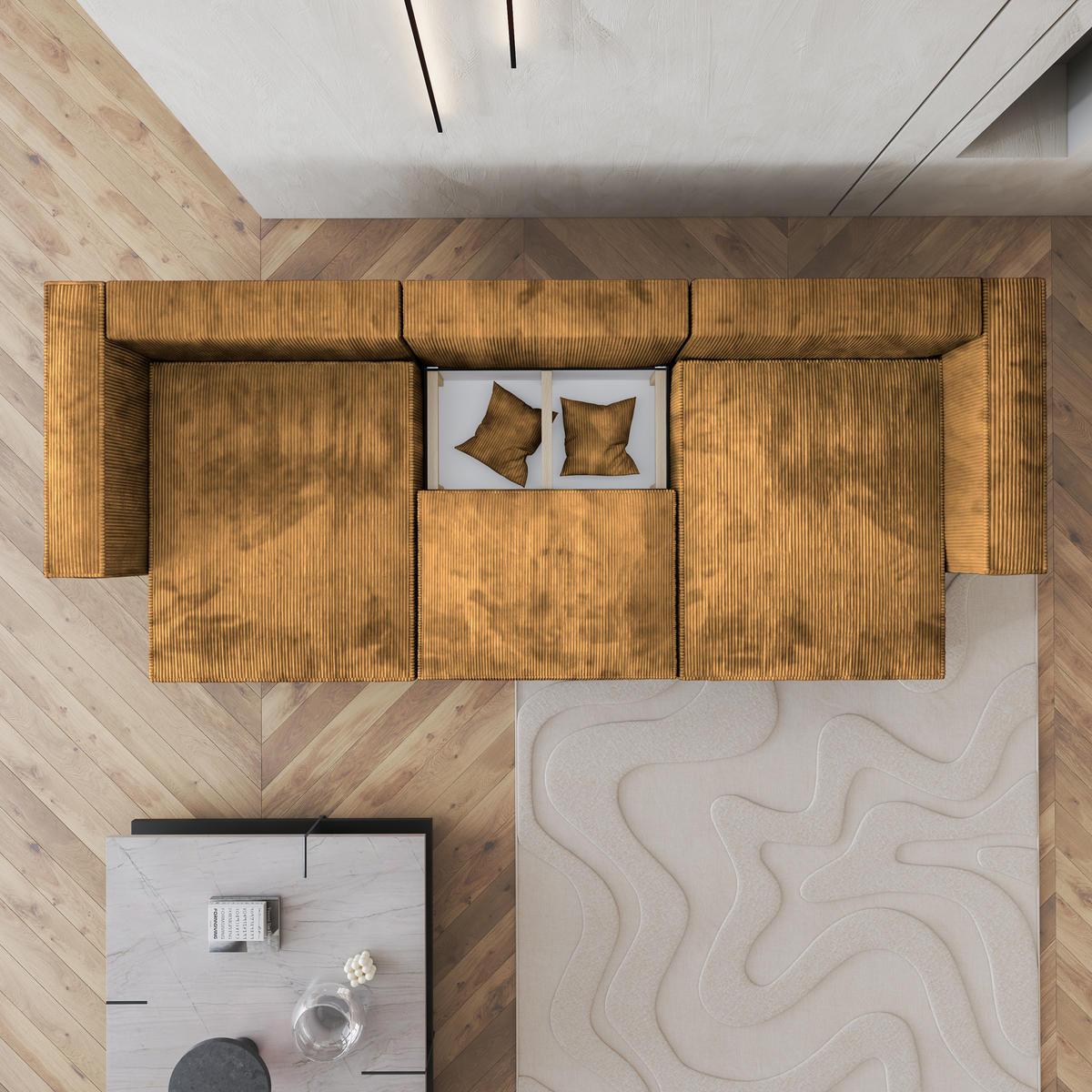 WOHNLANDSCHAFT SARMO P Gelb Kordstoff mit Schlaffunktion - Gelb, Holz (347/70/148cm) - MASSENO