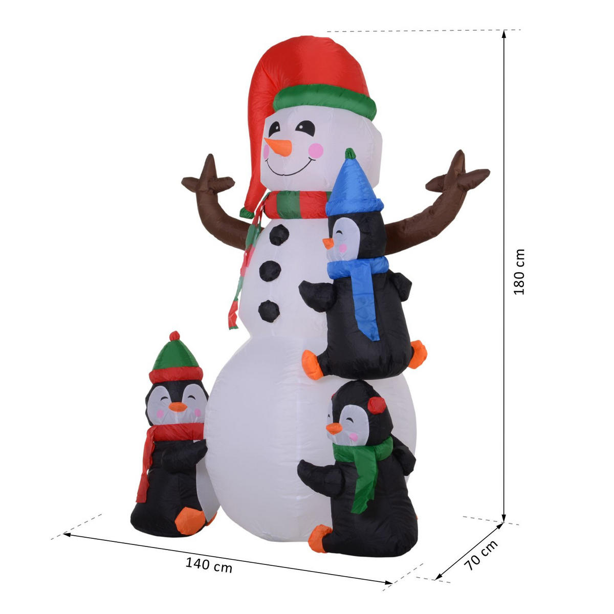 AUFBLASBARER Schneemann, Polyester, Mehrfarbig - Multicolor, Kunststoff (70/180/140cm) - HOMCOM
