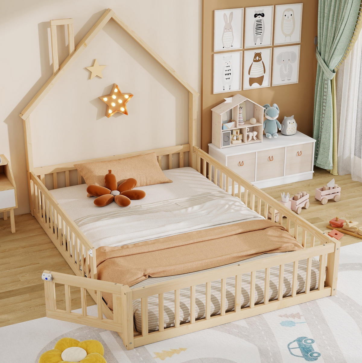 HAUSBETT 140/200 cm aus Kiefernholz mit Sicherheitsgitter und Lattenrost - Naturfarben, Holzwerkstoff (140/200cm) - Flora Grace