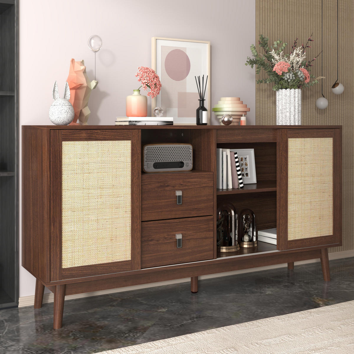 SIDEBOARD mit 3 Rattan-Schiebetüren und 2 Schubladen, 155/38/80 cm,Nussbaumfarben - Nussbaumfarben, Holzwerkstoff (155/80/38cm) - Redom